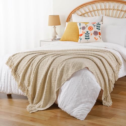BATTILO HOME Beige Throw Blanket for Couch, Knitted Beige Throw for Bed, Neutral Throw Blankets Tan Throw Blanket for Room Decor Housewarming Gifts, 50" x 60" - color: Beige, size: 50"x60"