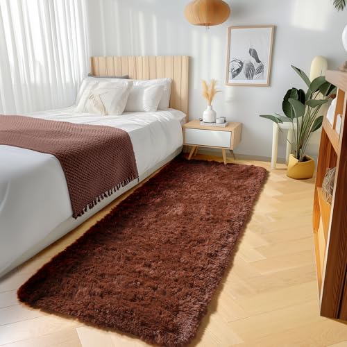 ONASAR Brown Runner Rugs for Bedroom Living Room, Fluffy 2x6 Bedside Hallway Area Rug, Ultra Soft Plush Furry Faux Fur Non Slip Floor Carpet for Nursery Kids Dorm Closet Home Decor - color: Brown, size: 2' x 6' (Runner)