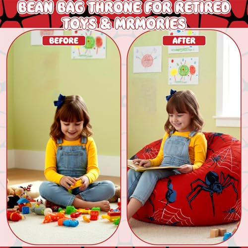Boao 27'' Large Spider Kids Bean Bag Chairs Cover (No Filling) Washable Stuffed Animal Storage Beanbag Chair for Kids Canvas Bean Bag Cover with Zipper for Boys Organizing Plush Toys Textile Sack - color: Spider, size: 27 Inches