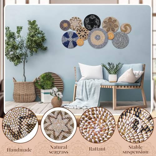 Tatuo 11 Pcs Boho Wall Basket Decor Bulrush Woven Wall Hanging Art Round Farmhouse Rustic Handmade Wicker for Summer Home, Bedroom, Living Room, Kitchen Decorations, Multi Sizes(Blue) - style: Blue