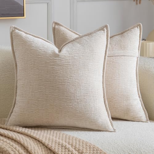 MADIZZ Pack of 2 Decorative Euro Sham Covers Soft Chenille Throw Pillows Solid Textured Cushion Covers for Couch Sofa Bedroom Living Room 24x24 Inch, Beige - color: Beige, size: 24" x 24" (Pack of 2)