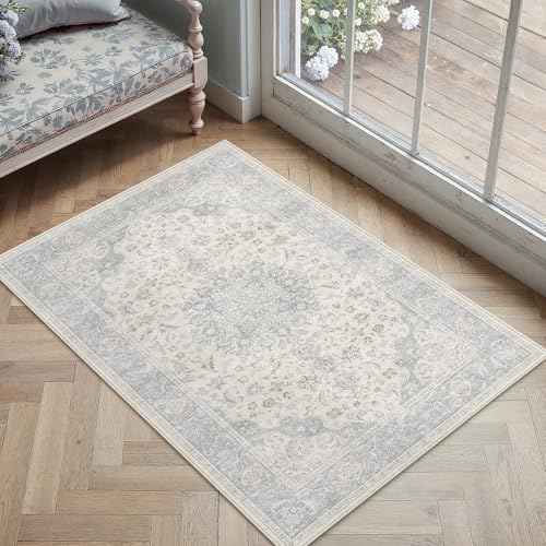 PureCozy 2x3 Area Rug Washable Neutral Gray Vintage Entryway Carpet Non Slip Low Pile Soft Door Mat Indoor Entrance Floral Small Grey Throw Rug for Bathroom Bedroom Office Laundry Kitchen - color: Vintage | Gray, size: 2' x 3' (Rectangular)