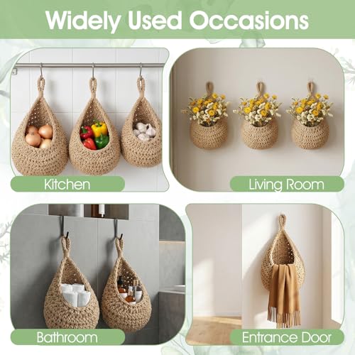 6 Pack Hanging Fruit Baskets for Kitchen Boho Wall Hanging Baskets for Organizing Handwoven Wall Fruit Basket Boho HangingWall Basket for Garlic Potato Onion Home Fruits and Vegetable StorageBaskets