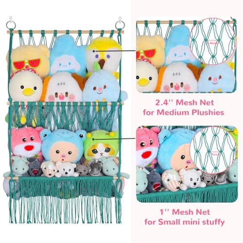 2 Tier Stuffed Animal Storage Shelf Net, 17x32Inch Large Stuffed Animal Organizer Holder Display for Mini Medium Stuffy, Aqua Boho Macrame Wall Plushies Stuffy Storage for Nursery Decor - color: Aqua, size: Large-2 Tier-17x32 Inch