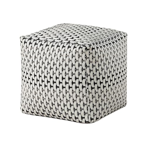 Benzara Modern Pouf Ottoman- Black White Basket Woven Jacquard- 16 Inch Square