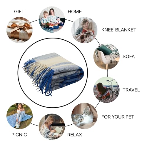 New Zealand Virgin Wool Throw Blanket, Indoor and Outdoor Blankets and Throws, Comfortable Soft Blanket with Fringes and Tartan Pattern, 67 x 79 in, Queen Size, Blue and White - color: Blue and White