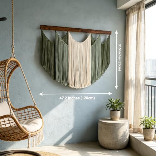Large Boho Wall Art Decor, Macrame Wall Hanging Tapestry Handmade Cotton Yarn Dip Dyed Ombre for Living Room Bedroom Above Bed Headboard, Green Beige Sage 47.2 x 33.5 Inches Boho Home Decor Gift - color: 04-Tassel ornament