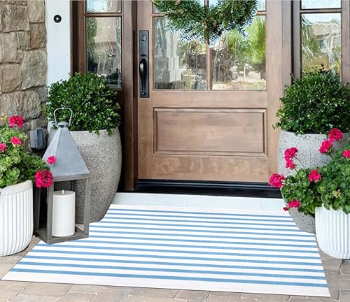 2x4 Outdoor Rug,Light Blue and White Striped Front Porch Rug Cotton Woven Washable Indoor Outdoor Doormat Farmhouse Small Area Rug for Porch/Entryway/Home Entrance Decor - color: Blue White, size: 2' x 4'3" (Rectangular)