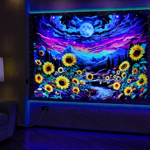 Dermijer Blacklight Moon Sunflower Tapestry Starry Night Mountian UV Reactive Wall Hanging Tapestries Galaxy Space Nature Landscape Tapestry for Home Decor 90.2L x 70.8W - size: 92.5"L x 70.8"W