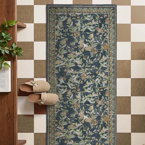 jinchan Eden Floral Washable Runner Rug 2x6 Vintage Hallway Rug Non-Slip Lightweight Soft Thin Kitchen Low Pile Distressed Blue Green Carpet for Bathroom Laundry Room Bedroom Entryway - color: Eden Dark Blue, size: 2' x 6' (Runner)