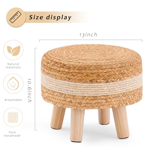 Handwoven Round Ottoman, Natural Water Hyacinth Outdoor Patio Pouf Seagrass Low Stool with Wood Legs, Soft Padded Footrest for Living Room Bedroom Garden, White - color: White, size: 13"D x 13"W x 10.6"H