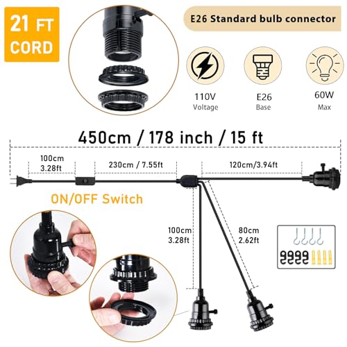 DITEDY 3-Light Plug in Pendant Light Kit, Hanging Lights with Plug in Cord 21FT Hanging Lamp Cord with On/Off Switch, DIY Vintage Black Pendant Lamp E26 Socket for Bedroom Kitchen Island