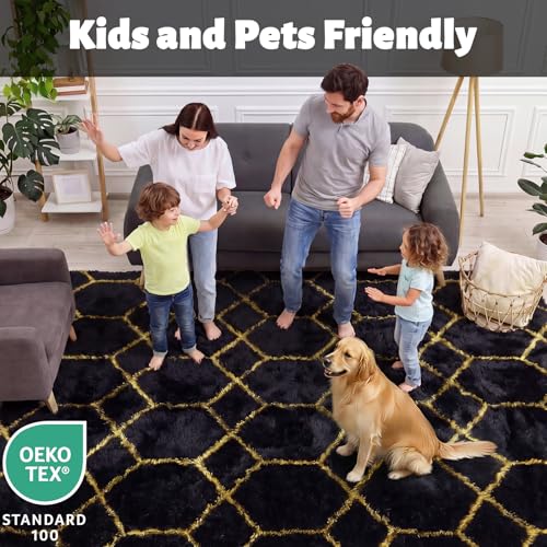 ONASAR Area Rugs for Bedroom Living Room, 4x6 Fluffy Black and Gold Throw Rug, Shaggy Geometric Floor Mat for Home Decor, Soft Plush Carpet for Kids Teen Playroom Dorm Classroom Office - color: 2- Black / Gold, size: 4' x 6' (Rectangular)