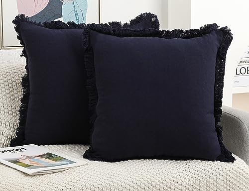 NUYECY Set of 2 Natural Linen Fringed Throw Pillow Covers,Navy Blue Neutral Decorative Pillowcase with Chic Tassel Burlap Boho Square Cushion Covers for Couch Sofa Farmhouse,22x22 inches - color: Navy Blue, size: 22" x 22" (Pack of 2)