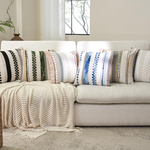 Aeckself Boho Throw Pillow Covers 18x18 Inch Set of 2, Farmhouse Decorative Striped Square Pillow Covers Chenille Tufted Pillow Cases Accent Neutral Pillowcase for Living Room Couch Bed, Yellow-Gray - color: Yellow