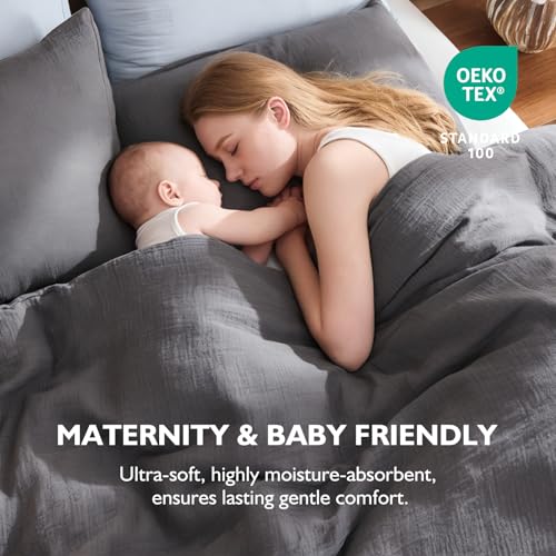 EMME Muslin Cotton Duvet Cover Set Dark Grey King Size Linen Like Soft Breathable Lightweight Summer Comforter Cover Set with Zipper Closure (Dark Grey, King, 104"x90") - color: 05 - Dark Grey, size: King(104"×90")