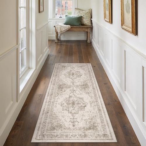 PureCozy Runner Rug 2x6 Beige Hallway Washable Carpet Non Slip Vintage Medallion Carpet Low Pile Soft Distressed Retro Indoor Long Rug for Entryway Kitchen Bathroom Laundry Bedroom - color: Distressed | Beige, size: 2' x 6' (Runner)