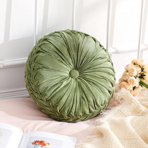Drydiet 1 Pcs Round Throw Velvet Pillows Decorative Pleated Throw Pillows Diameter Accent Pumpkin Boho Chair Cushion for Couch Sofa Home Decoration (Olive Green,15'') - color: Olive Green, size: 15''