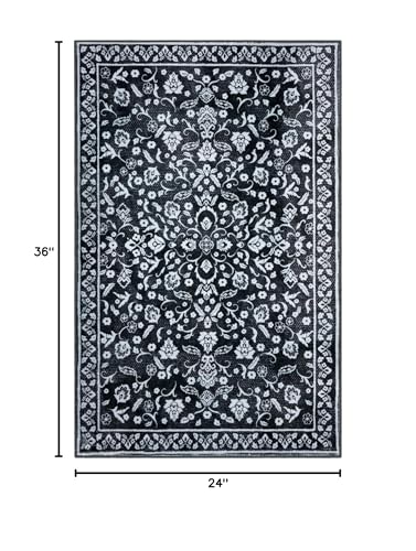 Vintage Entryway Rug Indoor, Charcoal Black White Washable Rug 2x3, Non-Slip Small Area Rug, Floral Print Thin Faux Wool Super Soft Door Mat for Kitchen, Entrance, Bedroom, Office - color: Charcoal Black White, size: 2' x 3' (Rectangular)