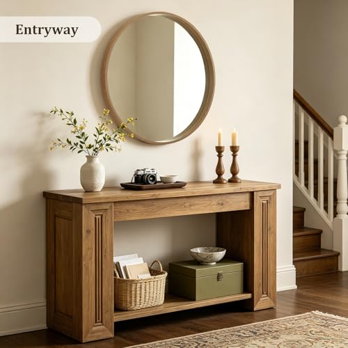 WallBeyond 36 Inch Natural Round Wood Mirror, Large Circle Wooden Frame Wall Mirror for Bathroom, Living Room, Bedroom, Entryway - color: Natural, size: 36"L x 36"W