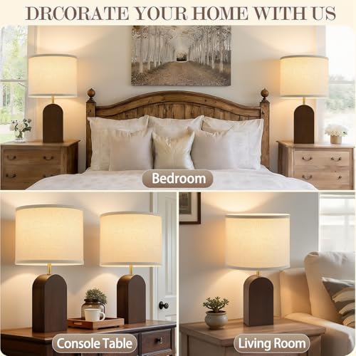 EJIAXIN Wood Table Lamps Set of 2-19" Walnut Farmhouse Bedside Lamp with Adjustable Color Temperatures - Modern Rustic Linen Lampshade Nightstand Lamps for Bedroom Living Room Office, Bulbs Included - color: Walnut
