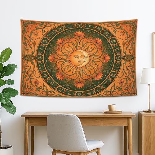 Water Lily and Sun Orange Green Tapestry, Floral Mandala Bohemian Decorative Wall Hanging, Aesthetic Tapestries for Living Room, Bedroom, Meditation 60x50 Inch - size: 60x50 Inch
