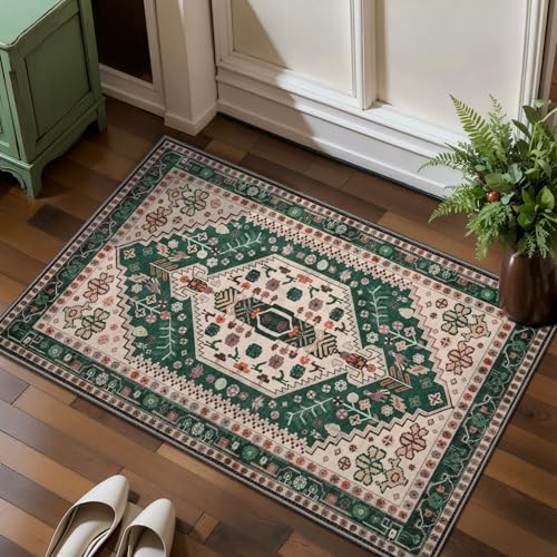 Ciicool Small Area Rug, 2x3ft Red Boho Rug, Ultra Soft Entry Rugs for Entryway, Non-Slip Washable Rugs Oriental Low-Pile Indoor Mat Floor Carpet for Entrance Bedroom Kitchen Bathroom Foyer Decor - color: Beige/Green, size: 2' X 3' (Rectangular)