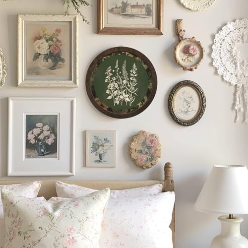 PeakClub Vintage Floral Wall Art, Green Botanical Round Wooden Print Hanging Decor for Kitchen Bathroom Home Bedroom, Cottage Antique Floral Decor 10x10 Inch - color: Floral - Vintage Green