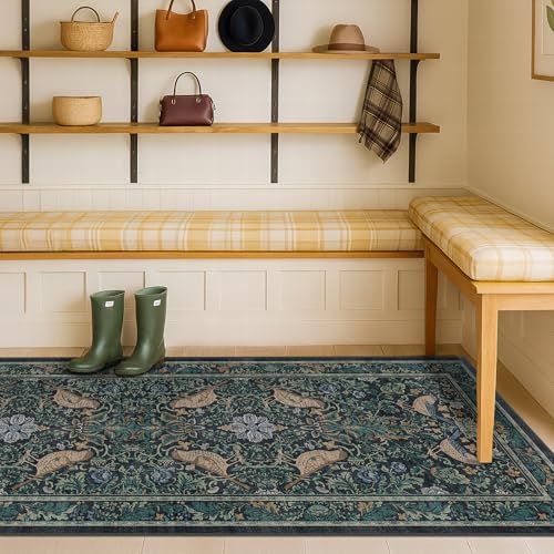 Boho 2x5 Entryway Indoor Runner for Bathroom - Botanical Bird Runner Rug for Kitchen Floor, Hallway, Bedroom, Entrance, Blue and Teal Neutral Vintage Decor, Washable Non Slip Low Pile - color: Blue, size: 2' x 5' (Runner)