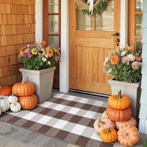 KIMODE Fall Decor Front Door Mat Buffalo Plaid Outdoor Rug 24"x51" Brown and White Checkered Rug Farmhouse Fall Thanksgiving Front Porch Rug Cotton Washable Layered Doormats Autumn Mats - color: Coffee/White, size: 2' x 4'3" (Rectangular)