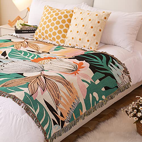 LumiSyne Double-Sided Cotton Woven Throw Blanket with Tassel Jungle Bohemian Style Tapestry Shawl Multi-Function Decorative Throws for Sofa Bed Armchair Camping Blanket Tablecloth Carpet 160x130cm - color: Flowers Leaves