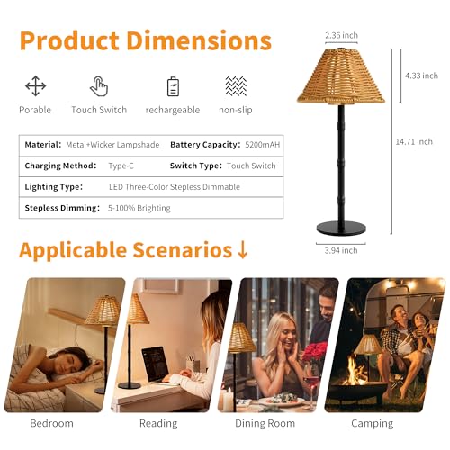 Mr.White Rechargeable Cordless Table Lamp with Wicker Shade, 5200mAh Battery Operated Portable Table Light with Touch Control, for Patio Restaurant Kitchen Dinner (Black) - color: Black+Wicker Lampshade