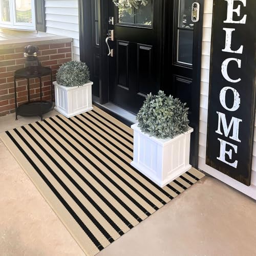 KILOCOCO Striped Rug 3'x5' Front Door Rug Woven Cotton Washable Stripe Layered Doormats Indoor Outdoor Door Mat for Front Porch/Kitchen/Farmhouse/Entryway/Patio, Brown - color: Brown and Black Stripes, size: 3' x 5' (Rectangular)