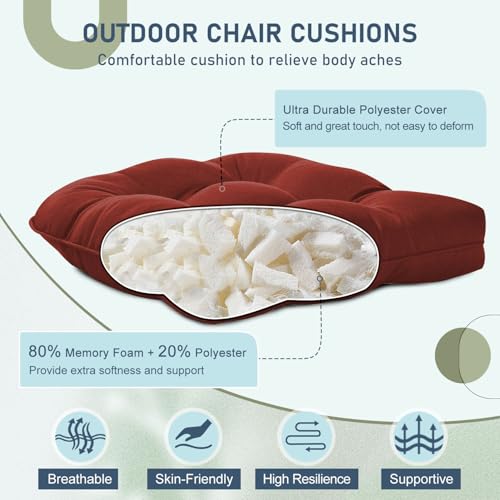 downluxe Outdoor Chair Cushions Set of 2 for Patio Furniture, Water Resistant Tufted Overstuffed Patio Furniture Cushions, Thick Outdoor Seat Cushion, 19" X 19" X 5", Brick Red - color: Brick Red, size: 2 Count (Pack of 1)