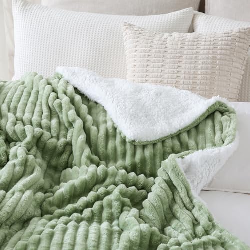 Sage Green Sherpa Fleece Throw Blanket 50”×60” for Couch Sofa Bed,Super Soft Cozy Plush Double Side Thick Flannel Blanket with Striped Design Lightweight for Adults,Woman,Girls - color: Sage Green, size: 50×60inch