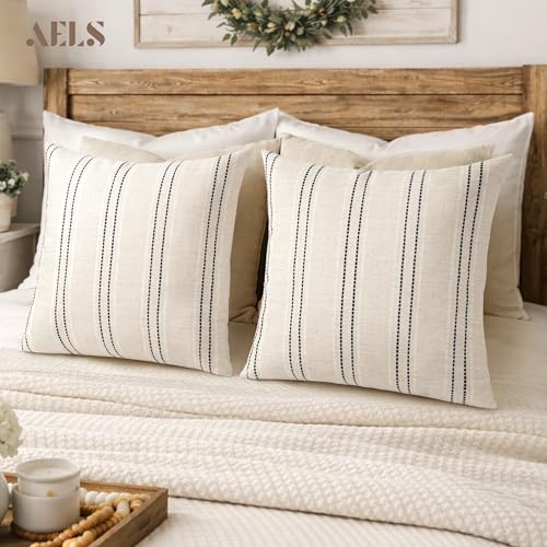 AELS 26x26 Decorative Farmhouse Linen Throw Pillow Covers, Boho Textured Pillow Case, Set of 2, Beige with White & Black Stitch Yarn Dyed Stripe Cushion Cover for Sofa Couch Living Room (Cover ONLY) - color: Beige With White & Black, size: 26" x 26" (Pack