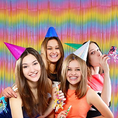 PIGETALE Pastel Rainbow Foil Fringe Curtains, 2Pcs 3.2x8.2ft Metallic Tinsel Foil Streamers Colourful Photo Booths Props Backdrop for Easter Princess Birthday Wedding Engagement Party Decorations - color: Rainbow