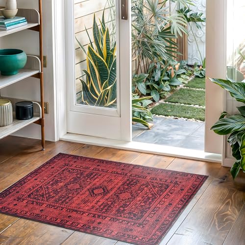 Bloom Rugs Washable Non-Slip 2' x 3' Rug - Red Traditional Bordered Area Rug for Living Room, Bedroom, Dining Room, and Kitchen - Exact Size: 2' x 3' - color: Red, size: 2' x 3' (Rectangular)