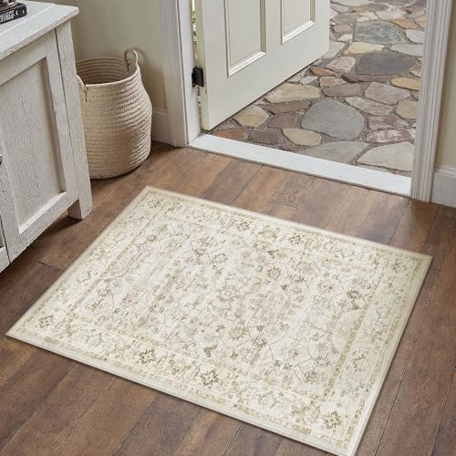 2x3 Beige Washable Neutral Area Rug for Living Room Soft Floral Non Slip Throw Rug Modern Low Pile Stain Resistance Doormat Distressed Carpet Entrance Dining Laundry Room Kitchen Bathroom - color: Neutral | Beige, size: 2'x3'