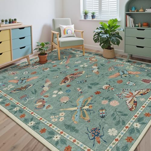 Beeiva Insect Print 5x7 Area Rugs for Living Room - Washable Non Slip Rugs for Dining Room Under Table, Soft Stain Resistant Carpet for Playroom Bedroom Office Whimsical Decor(5'x7',Green) - color: Light Green, size: 5' x 7' (Rectangular)