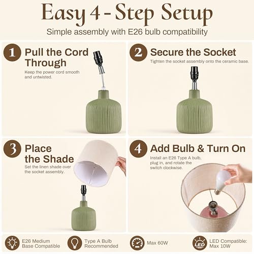 Ceramic Table Lamp, Oliver Green, 17.75" | Beige Linen Shade, Warm Ambient Lighting, Bedside Nightstand, Natural - color: Green