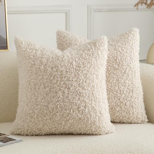 Pack of 2 Curly Teddy Wool Faux Fur Throw Pillow Covers Fuzzy Accent Soft Sherpa Pillowcases Sheepskin Fleece Decorative Cushion Case for Sofa Couch Living Room 18x18 Inch Neutral Light Beige - color: Neutral Light Beige, size: 18" x 18" (Pack of 2)