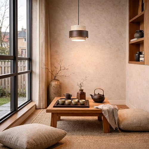 Natural Travertine Pendant Light, Modern Wabi-Sabi Hanging Lamp with Wood Accent, Minimalist Stone Ceiling Light Fixture for Kitchen Island, Dining Room, Cafe, Warm White LED Compatible