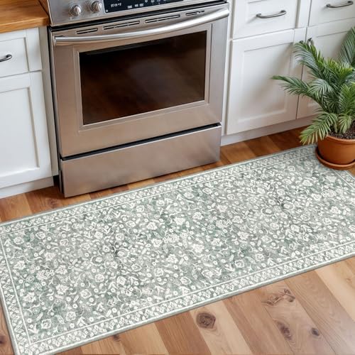 Vintage Washable 2x5 Rug Runner, Sage Green Grey Runners for hallways, Super Soft Kitchen Runner Rug Non Slip, Printed Faux Wool Floral Thin Carpet Runner for Entryway Laundry Room Bedroom - color: Grey With Light Sage Green, size: 2' x 5' (Runner)
