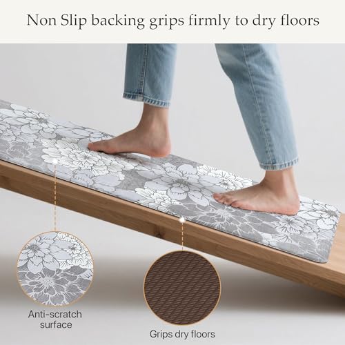 GENIMO Kitchen Mats for Floor, Kitchen Rugs Non Slip Washable Sets of 2, Waterproof Cushioned Anti Fatigue Mat, Floral Runner Rug for Laundry, Sink, Office, Home, 17.3"x59"+17.3"x30", Lavender Grey - color: Lavender Grey, size: 17.3"x59"+17.3"x30"