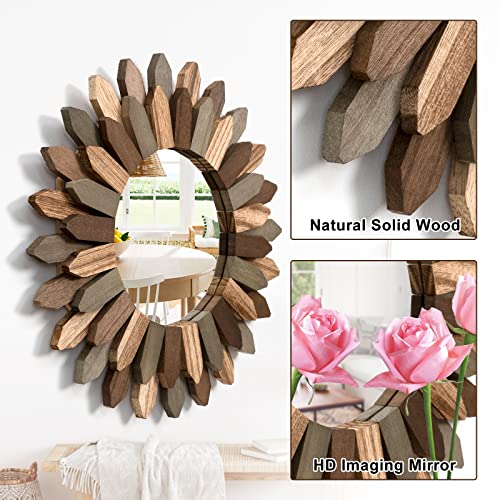Emfogo Wall Mirror 12 inch Rustic Wood Sunburst Boho Mirror Farmhouse Wall Decor Room Decor Home Decor for Bedroom Living Room Entryway (Tri-Color) - color: Tri-color, size: 12"L x 12"W