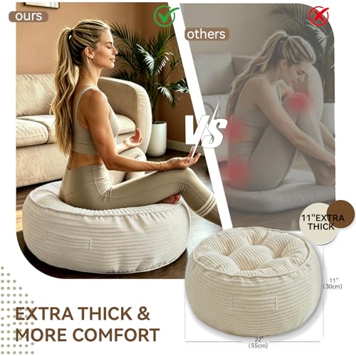 11" Washable Round Floor Pillow for Adults Thick Meditation Cushion for Sitting Large Yoga Pillows on Floor Ottoman to Elevate Leg for Tatami Living Room, 22x22 Inch, Cream - color: Cream