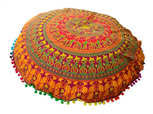 Rastogi Handicrafts 32" COR Mandala Floor Pillow Cushion Seating Throw Cover Bohemian Ottoman Poufs, Pom Pom Pillow Cases,Boho Indian (RED Camel) - color: Red Camel