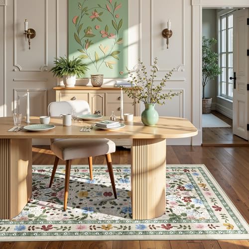 Floral Area Rugs 3x5 Small Thin Entryway Rug - Vintage Boho Washable Non-Slip Living Room Carpet Soft Low Pile Bedroom Floor Mat Indoor Home Decor for Dining Room Playroom Farmhouse, Beige/Green/Multi - color: Beige/Green/Multi, size: 3' x 5' (Rectangular