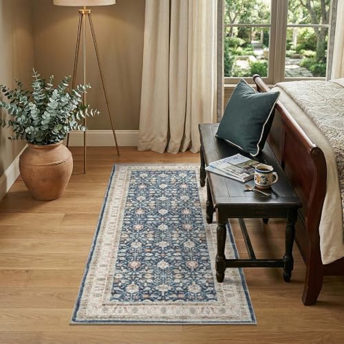 jinchan 2x5 Washable Vintage Runner Rug, Distressed Traditional Floral Hallway Runner, Soft Low-Pile Non-Slip Floor Mat for High-Traffic Kitchen Entryway Laundry Room Bathroom Vanity, Blue - color: Oriental Beige on Dark Blue, size: 2' x 5' (Runner)